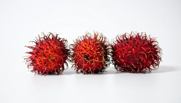 真っ白な表面に均等に並べられた3つの鮮やかな赤いとげとげした皮を持つランブータンが、柔らかな拡散光で独特な質感を際立たせる

