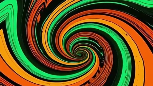 psychedelic vector background, hypnotic swirl animation, moss green vector, orange curved lines, retro vector pattern, seamless motion loop, 4K vector background, ultra HD vector design, trippy 