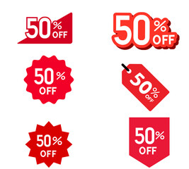 Different percent discount sticker discount price tag set. red shape promote buy now with sell off up to 50 percentage vector illustration isolated on whit