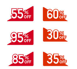 Different percent discount sticker discount price tag set. red shape promote buy now with sell off up to 55,60,95,30,85,35, percentage vector illustration isolated on whit