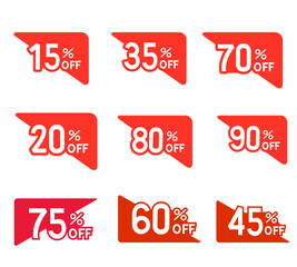 Different percent discount sticker discount price tag set. red shape promote buy now with sell off up to 15,35,70,20,80,90,75,60,45 percentage vector illustration isolated on whit