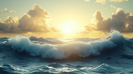 Voxel Style Ocean Waves at Sunset with Clouds and Water Detail