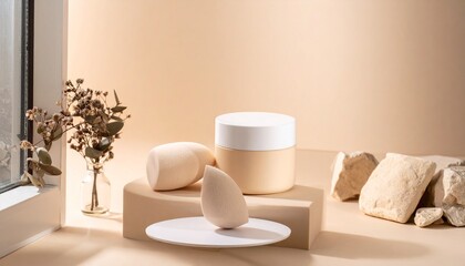 マットなアイボリー背景の右下に佇む透明感あふれるフェイスパウダーとパフの静かな美しさ

