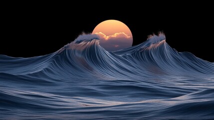 Pixelated Ocean Waves Under Golden Sunset Sky with Dark Background Pixel Art