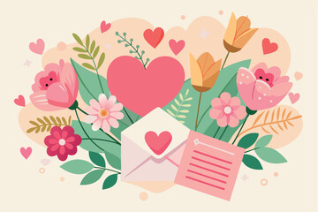 Colorful floral arrangement with hearts and an envelope expressing love and affection during a celebration
