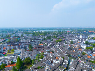 Aerial view of Shanghai Qingpu Zhujiajiao ancient town on sunny day.