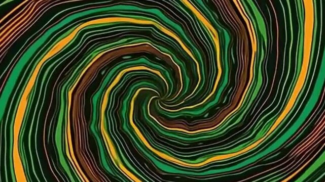 psychedelic vector background, hypnotic swirl animation, moss green vector, orange curved lines, retro vector pattern, seamless motion loop, 4K vector background, ultra HD vector design, trippy 