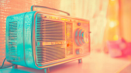 Vintage Retro Radio in Warm Pastel Hues with Soft Light, Nostalgic Antique Home Decor Illustration, Warm Glow, and Detailed Textures, Cozy Atmosphere, Retro Technology, Close-up, Creative Still Life