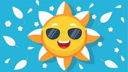 Happy sun character wearing sunglasses with flowers and petals in a bright blue background during a sunny day