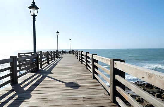 A long wooden pier stretching into the calm ocean under a clear blue sky with a distant horizon