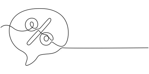 One continuous line of speech bubble with Percentage Sign text. Thin Line Illustration vector concept. Contour Drawing Creative ideas, speech bubble with percent sign continuous one line drawing.