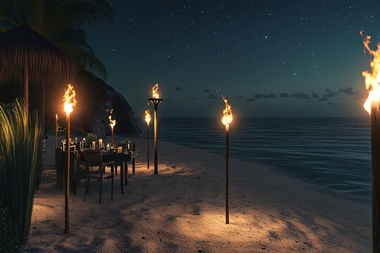 A beach dinner setting illuminated by tiki torches under a starry night sky