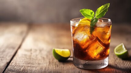 A glass of dark brown liquid with ice cubes and a slice of lemon and mint leaf on a wooden table.