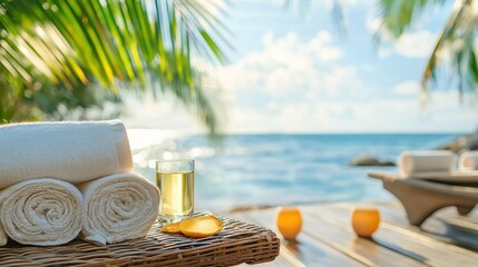 A serene beach scene with a wicker table, white towels, and a glass of wine.
