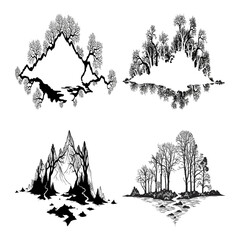 Collection of monochromatic landscape trees mountains and islands silhouettes.