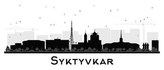 Syktyvkar Russia city skyline silhouette with black buildings isolated on white. Syktyvkar cityscape with landmarks. Travel and tourism concept with modern and historic architecture.