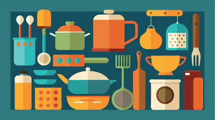 Colorful kitchen utensils and tools arranged creatively on a blue background enhancing cooking inspiration