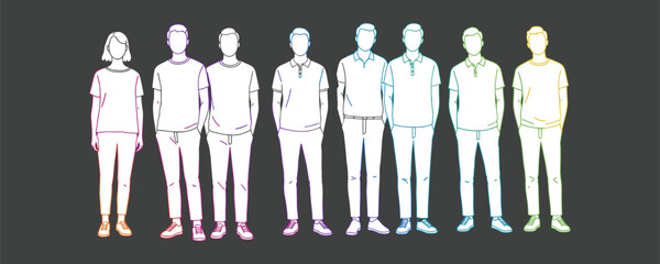 Group of faceless diverse people in line, modern casual fashion, colorful outline vector illustration on dark background, representing teamwork, gender inclusion, equality, unity