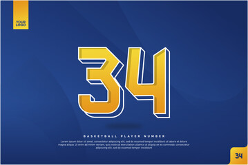 Bold Number 34 in Yellow Gradient with White Outline on Blue Background for Basketball Jersey Design
