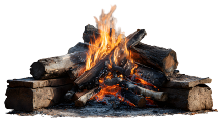 Warm glowing campfire flame burning brightly with logs and stones outdoors at night