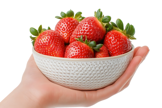 Female hands hold bowl with tasty strawberry, isolated on white background. Summer berry. Ai Generated Images - Powered by Adobe