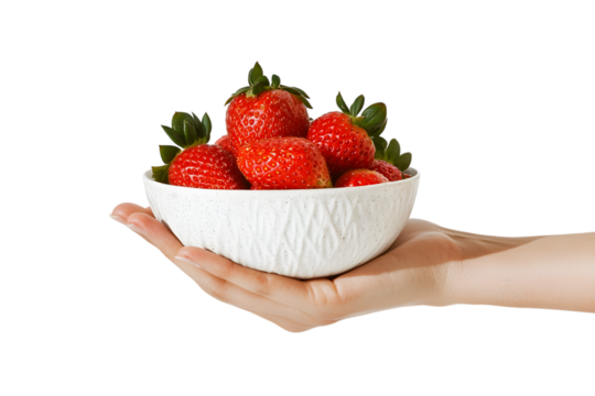 Female hands hold bowl with tasty strawberry, isolated on white background. Summer berry. Ai Generated Images