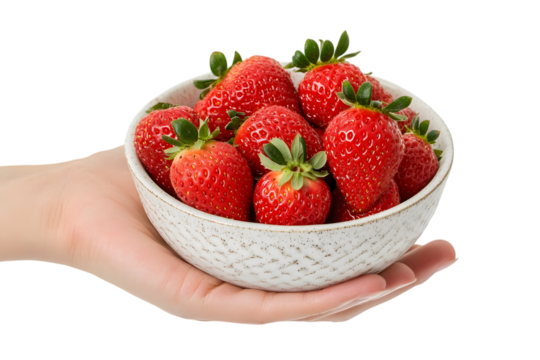 Female hands hold bowl with tasty strawberry, isolated on white background. Summer berry. Ai Generated Images