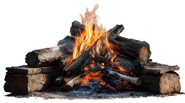 Warm glowing campfire flame burning brightly with logs and stones outdoors at night