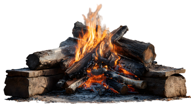 Warm glowing campfire flame burning brightly with logs and stones outdoors at night