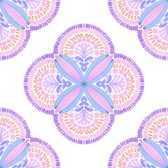 Watercolor ethnic flower seamless pattern in tribal.Ikat design on paper texture in indian vintage,Mexican, African, Aboriginal style.Aztec geometric folk art background.Boho abstract.Hand painted art