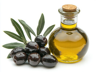 Glass bottle of golden olive oil sits beside cluster of ripe black olives and green leaves, showcasing fresh and natural culinary ingredient