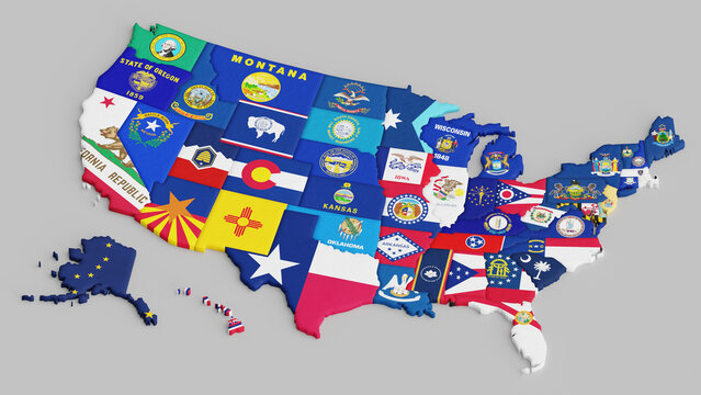 A high-quality 3D illustration of the United States map, featuring each state filled with its official flag. Perfect for educational materials, political infographics, travel content, and patriotic de