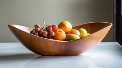 A wooden bowl filled with red grapes, oranges, and green apples sits on a white marble table.