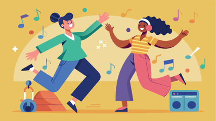 Friends dancing joyfully together in vibrant colors during a lively music party at home