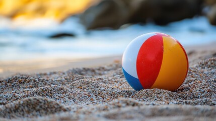 Obraz premium A colorful beach ball on a sandy beach with rocks in the background.