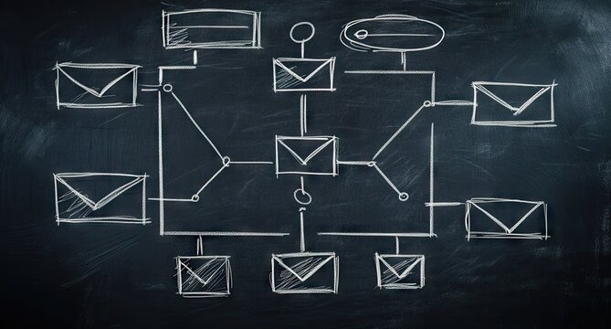 Email flowchart on a chalkboard.  Diagram of email pathways