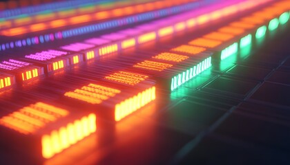 Futuristic glowing light panels arranged in rows.