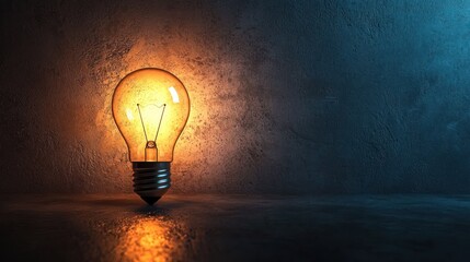 A glowing light bulb emitting a warm yellow glow against a dark, textured background.