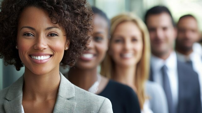 A diverse group of business professionals standing in a row, with a woman in the foreground smiling and a man in the background, all dressed in business attire.