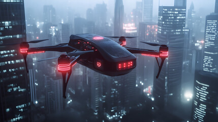 "Autonomous delivery drone, matte black finish, red navigation lights, hovering over a futuristic city --ar 16:9