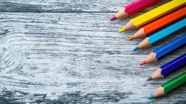 A colorful array of pencils arranged in a row on a wooden surface with a white background.