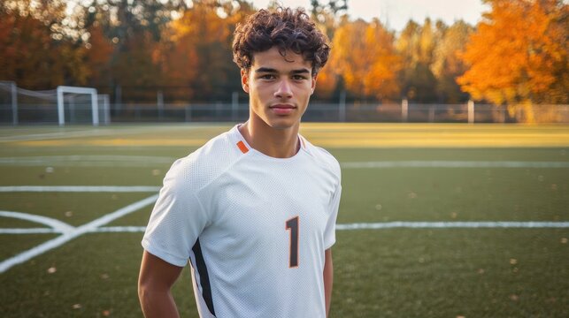 A young man with curly hair standing on a soccer field with a soccer ball in the background, wearing a white jersey with the number 1 on it.