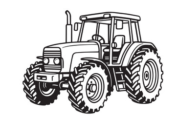 A tractor is illustrated in black and white with strong outlines, representing farming power, simplicity, and traditional agricultural equipment.

