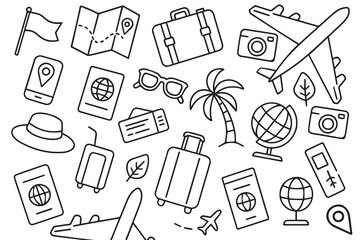 Travel icons including planes, backpacks, and compasses fill the seamless vector background, designed in black and white with strong black outlines.