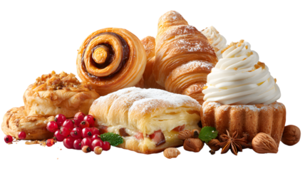 Assortment of freshly baked pastries croissants cinnamon rolls cakes with berries nuts on a transparent background