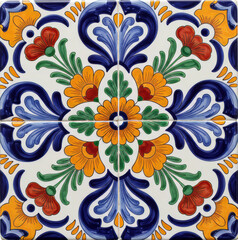 Сeramic Talavera tile with floral and scroll pattern, design for home decor, wall, floor, decorative concept.
