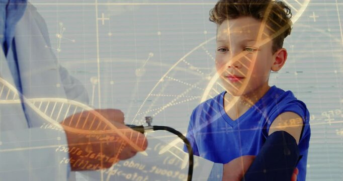 Doctor placing BP cuff on boy and inflating pump with floating DNA helix for medical measurement
