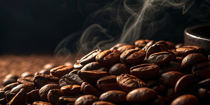 Roasted coffee beans with steam close up