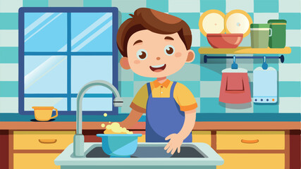 Young child happily washing dishes in a cheerful kitchen during the day