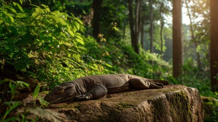 Obraz premium Monitor lizard full body, side view, in a sleeping position on a large stone, posed naturally like a product display, long-distance view from within a forest, soft rim lighting highlighting its form, 